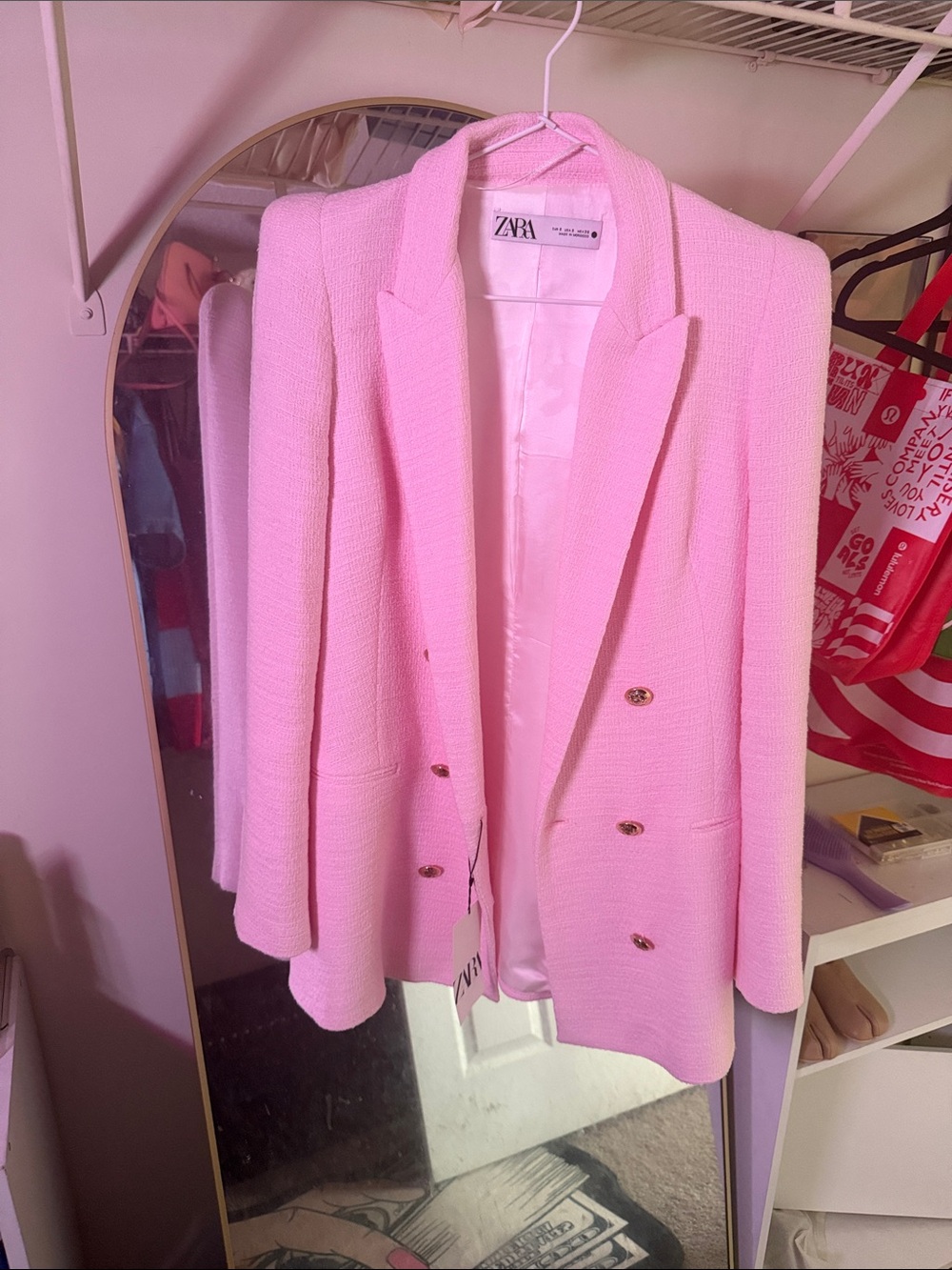 Zara Light Pink Double-Breasted Bouclé Blazer